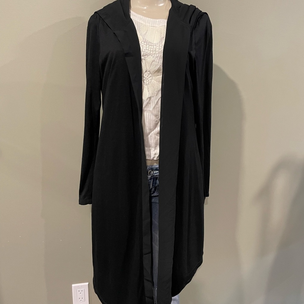Miilla/ size large long black hooded cardigan
